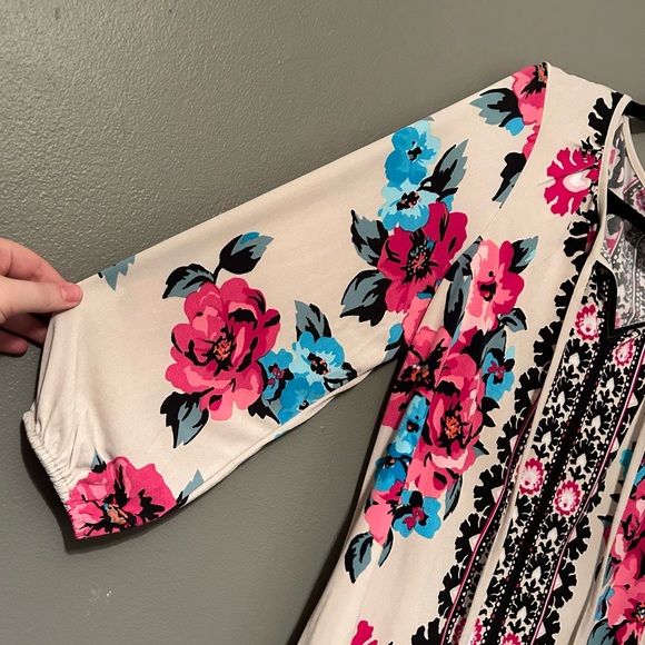 NWT JM Collection Sz Medium Mosaic Boho Floral Nude Pink 3/4 Sleeve Blouse Top! - Picture 2 of 10